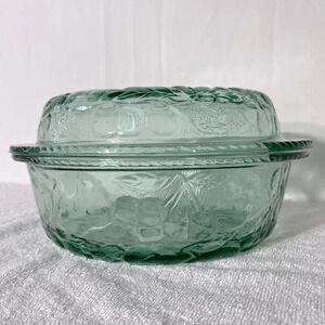 Vintage Libbey Green Glass Orchard Fruit  Oven Proof Round Casserole W Lid